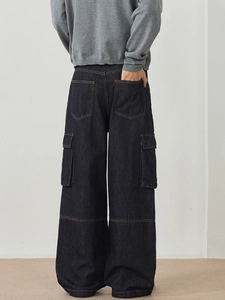 Retro indigo loose wide-leg cargo jeans for men and women with contrast stitching