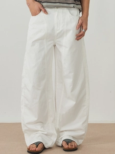 Minimalist white wide-leg cotton pants with high street retro workwear stitching for unisex
