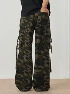 Mens camouflage cargo pants with wide leg cut and side ribbon pockets in street style