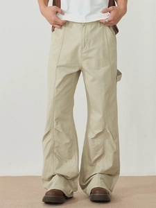 Men's American high street apricot cotton cargo pants with a loose flared leg design