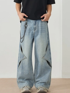 Men's retro light blue wide leg jeans with star patch design and silver chain accessory