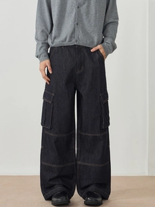 Retro loose wide-leg cargo jeans in deep blue denim with side pockets and topstitching