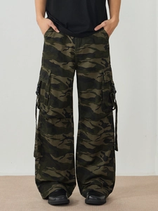 Men's loose street camo cargo pants with side pockets and decorative buckle straps