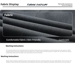 Detail view of premium black straight trousers with washing care instructions and fabric texture