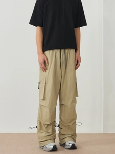 Men's high-street stretch cargo pants in khaki with multi-pockets and adjustable drawstring cuffs