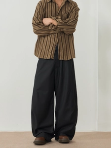 Men's retro striped long-sleeve shirt with black high-waist loose wide-leg trousers
