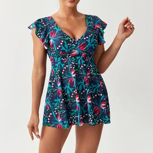 Tankini bleu marine avec imprimé floral tropical et manches à volants pour femme