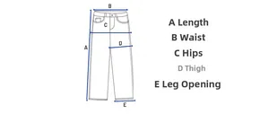 Size guide for men's trousers showing waist, hips, length, thigh, and leg opening