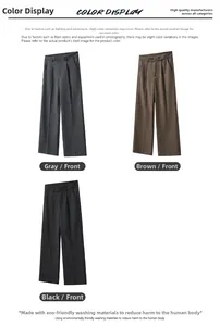 Flat lay of pleated wide-leg trousers in grey, brown, and black colors for a casual look