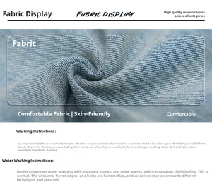 Détail de la texture du denim et des instructions de lavage pour un jean bleu clair