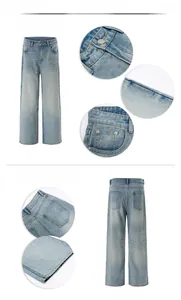 Vue détaillée du jean bleu clair à coupe droite montrant les coutures et la texture