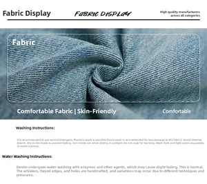 Detail der hellblauen Denim-Struktur und professionelle Waschanleitungen für Jeans