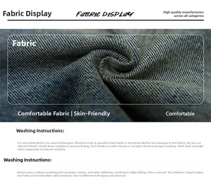 Detailed fabric texture of blue denim with washing instructions and care labels