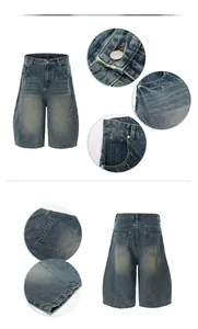 Detail view of retro lightning pattern denim shorts showing stitching and loose fit