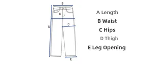 Größentabelle mit Maßen für Jeanslänge, Taille, Hüfte, Oberschenkel und Beinausschnitt