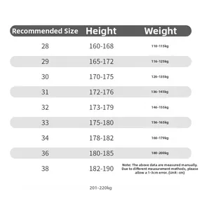 Men's retro straight leg jeans size chart with height and weight recommendations in CM and KG
