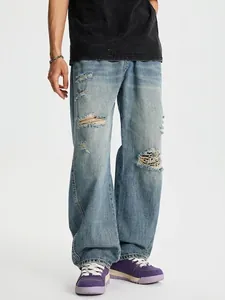Jeans Larghi Distressed da Uomo American Streetwear High Street Lavaggio Blu Strappati Gamba Larga Pantaloni Denim Dritti per Giovani Uomini