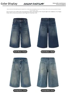 Macro detail of wide leg denim shorts in deep blue and vintage blue with washed finish