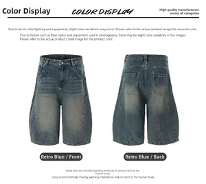 Front and back view of retro blue washed denim shorts with lightning stitch detail