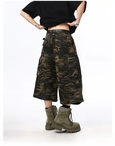 Rear view of loose-fit camouflage cargo shorts with large side pockets and durable fabric