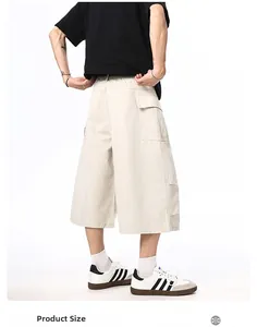 Detailed size chart for beige cargo shorts with multi-pocket street style design