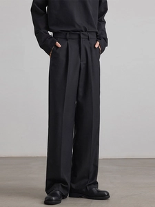 Men's stylish black wide-leg pleated dress pants in high-waist straight fit