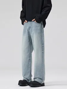 Pantalon en Jean Délavé High Street pour Hommes Bleu Clair Vintage Jambe Large Droite Streetwear Américain Pantalon en Coton