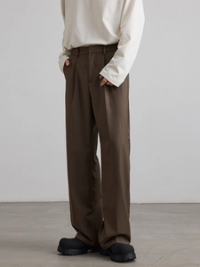 Men's retro loose straight leg trousers in dark brown featuring elegant draped fit