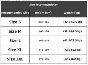 Detailed size chart for camouflage cargo shorts with height and weight recommendations