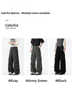 Detailed view of cargo pants showing side flap pockets in gray, green, and black
