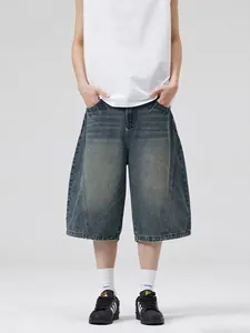 Men Vintage Washed Denim Shorts Wide Leg Bermuda Patchwork Streetwear Japanese Style Casual Loose Fit Cotton Denim Bottoms