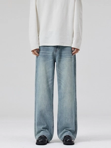 Hellblaue Jeans mit geradem Bein und Vintage-Waschung für Damen und Herren im Streetwear-Stil