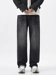 Men's Vintage Washed Black Gray Straight Leg Jeans Retro Streetwear Fleece Lined Distressed Wide Leg Denim Pants For Winter