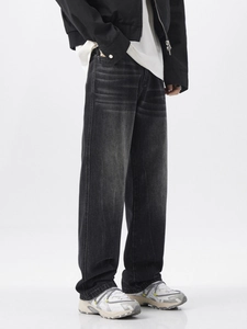 Men's retro washed grey wide leg denim jeans in loose straight fit with street style