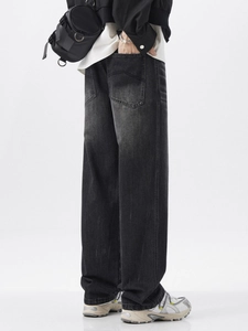 Retro washed black relaxed straight leg denim jeans for men with high street vintage style