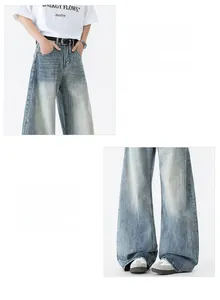 Vue détaillée du denim délavé avec poches latérales et coupe large pour hommes