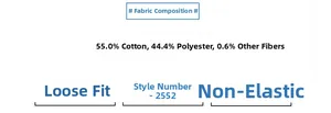 Detailed fabric chart showing 55% cotton blend material and loose fit specifications