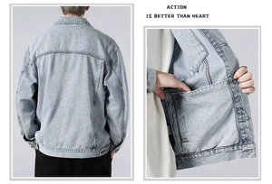 Detail view of the back and interior pocket of a washed light blue denim jacket for men