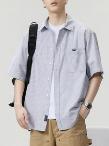 Men's casual loose blue and white striped short sleeve shirt with chest pocket