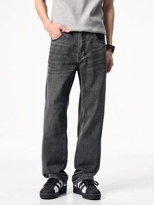 Jean ample en denim lyocell gris foncé délavé pour hommes avec coupe droite classique