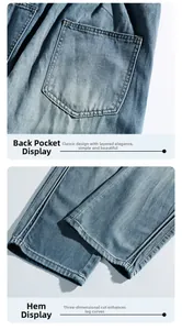 Detail view of the back pocket and hem on washed blue denim straight-leg jeans