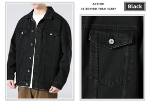 Detail of vintage washed black denim jacket featuring classic chest pockets and metal buttons