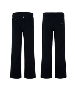 Front and back view of black wide-leg denim jeans with silver metal rivets and button
