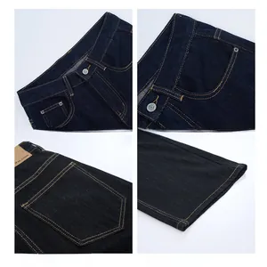Detail shots of indigo denim jeans featuring metal buttons, leather patch and orange stitching