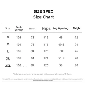 Size chart for high-street pleated cargo pants showing detailed measurements from S to 2XL