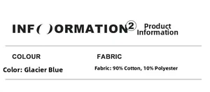 Detailed fabric chart showing glacier blue color and 90% cotton 10% polyester blend