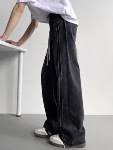 Men's American Streetwear Thin Lyocell Washed Straight Leg Jeans Retro Distressed Wide Leg Pants With Drawstring Waist Side Stripes
