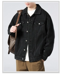 Men's retro washed black denim jacket with classic lapels and silver buttons detail