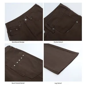 Detail shots of dark brown high street flare trousers showing rivets, pockets and waistband