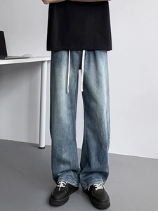 Men's light blue washed straight leg lyocell denim jeans with white drawstring waist